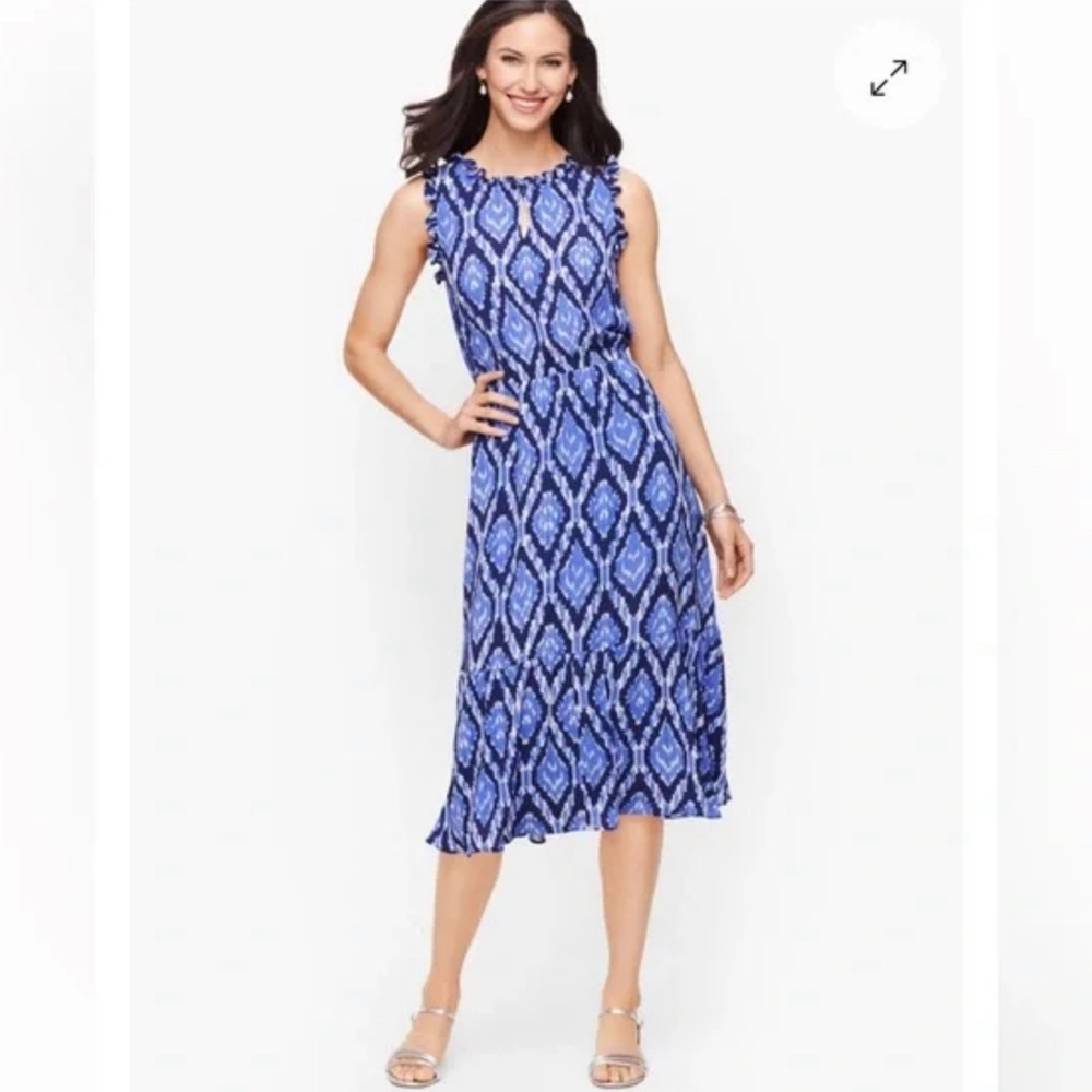 Talbots Plus Ruffle Trim Fit & Flare Cabana Ikat Sleeveless Dress Size 14W